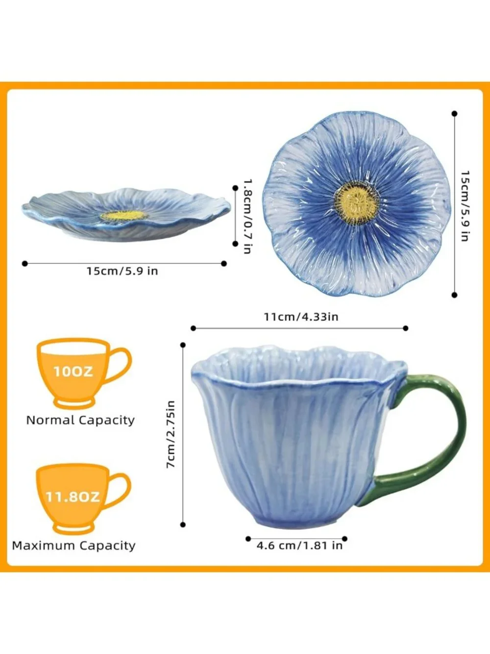 Elegant Floral Ceramic Tea Cups & Saucers Set - 10 oz Microwave & Dishwasher